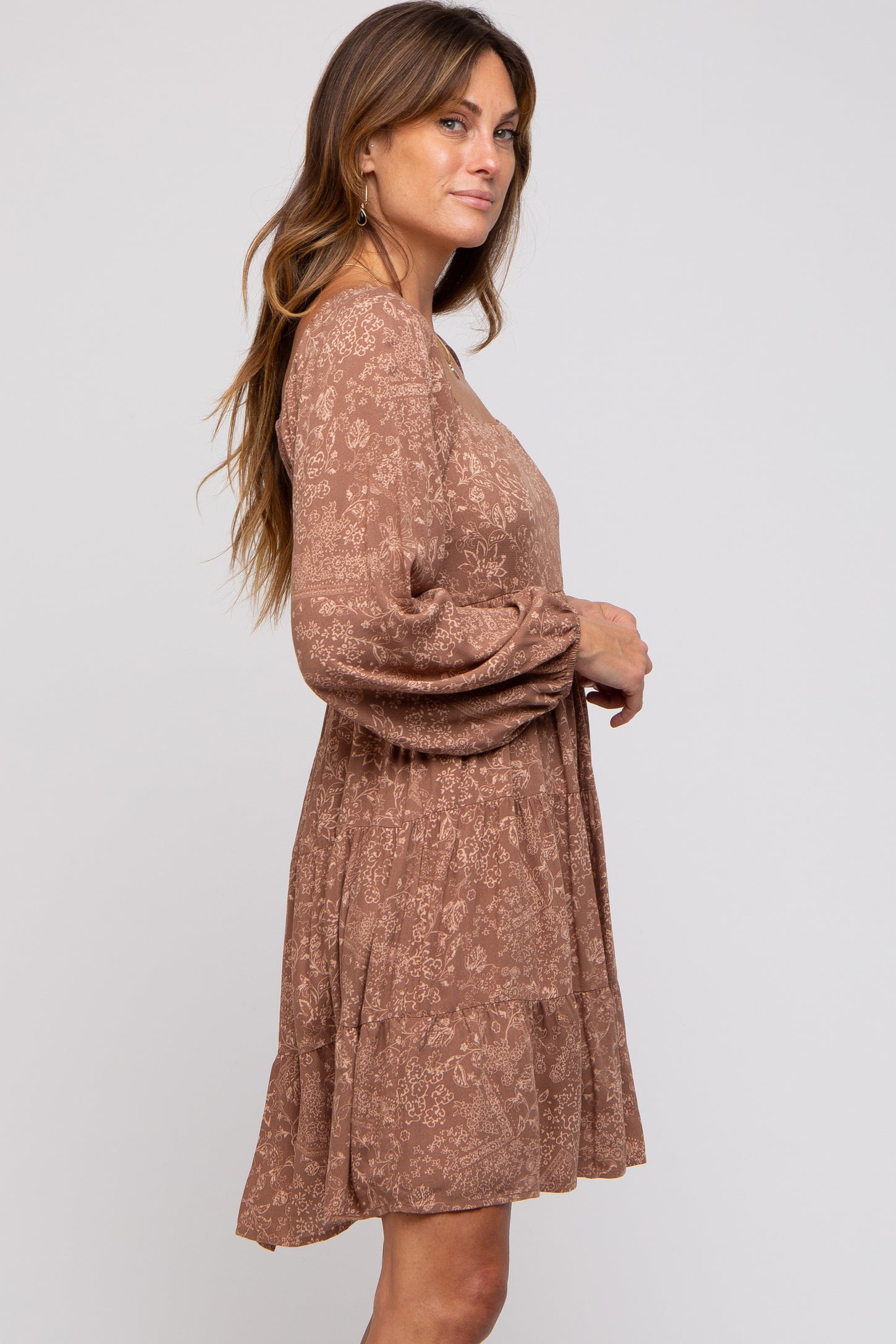 Mocha Floral Tier Long Sleeve Dress – PinkBlush