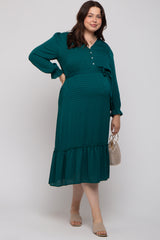 Forest Green V-Neck Front Button Satin Jacquard Maternity Midi Dress