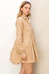 Taupe Button-Front Tiered Mini Dress