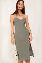 Olive Bodycon Midi Dress With Front Slit