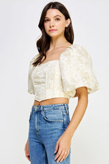 Ivory Gold Balloon Short Sleeve Floral Jacquard Corset Top