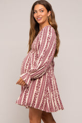 Burgundy Floral Stripe Smocked Long Sleeve Maternity Dress