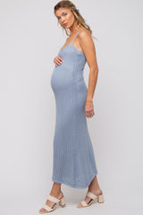 Light Blue Open Knit Crochet Maternity Midi Dress