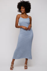Light Blue Open Knit Crochet Maternity Midi Dress