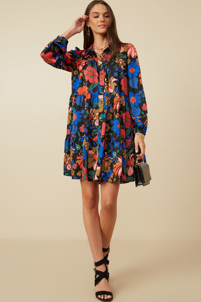 Black Multi-Color Floral Button Front Dress