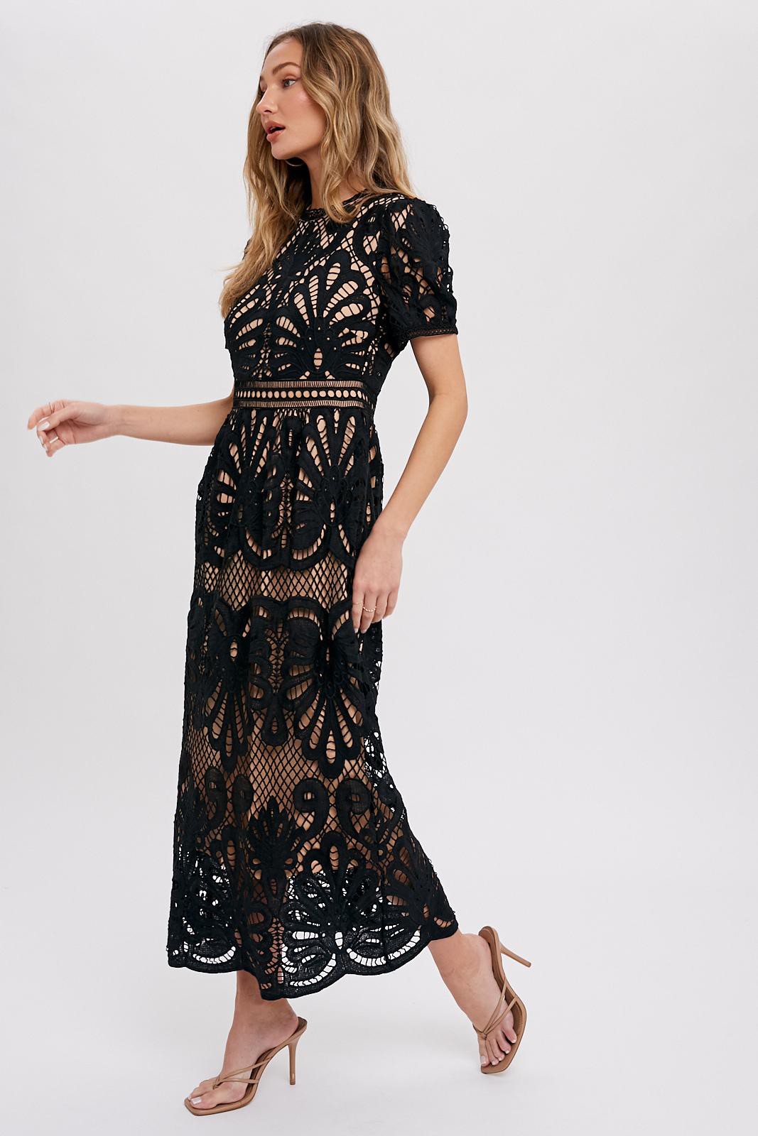 Black Crochet Lace Midi Dress