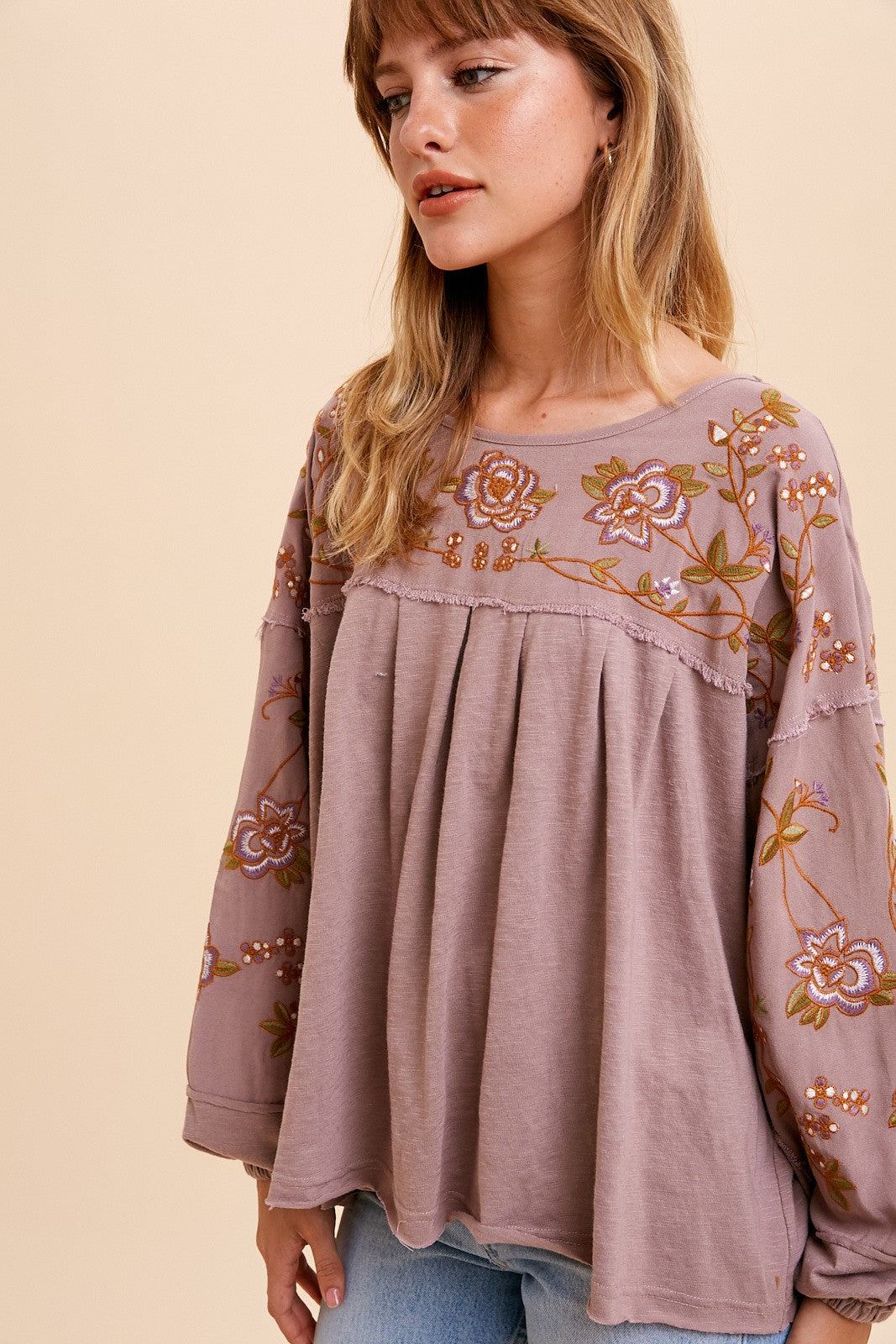 Rose Taupe Embroidered Drop Sleeve Blouse