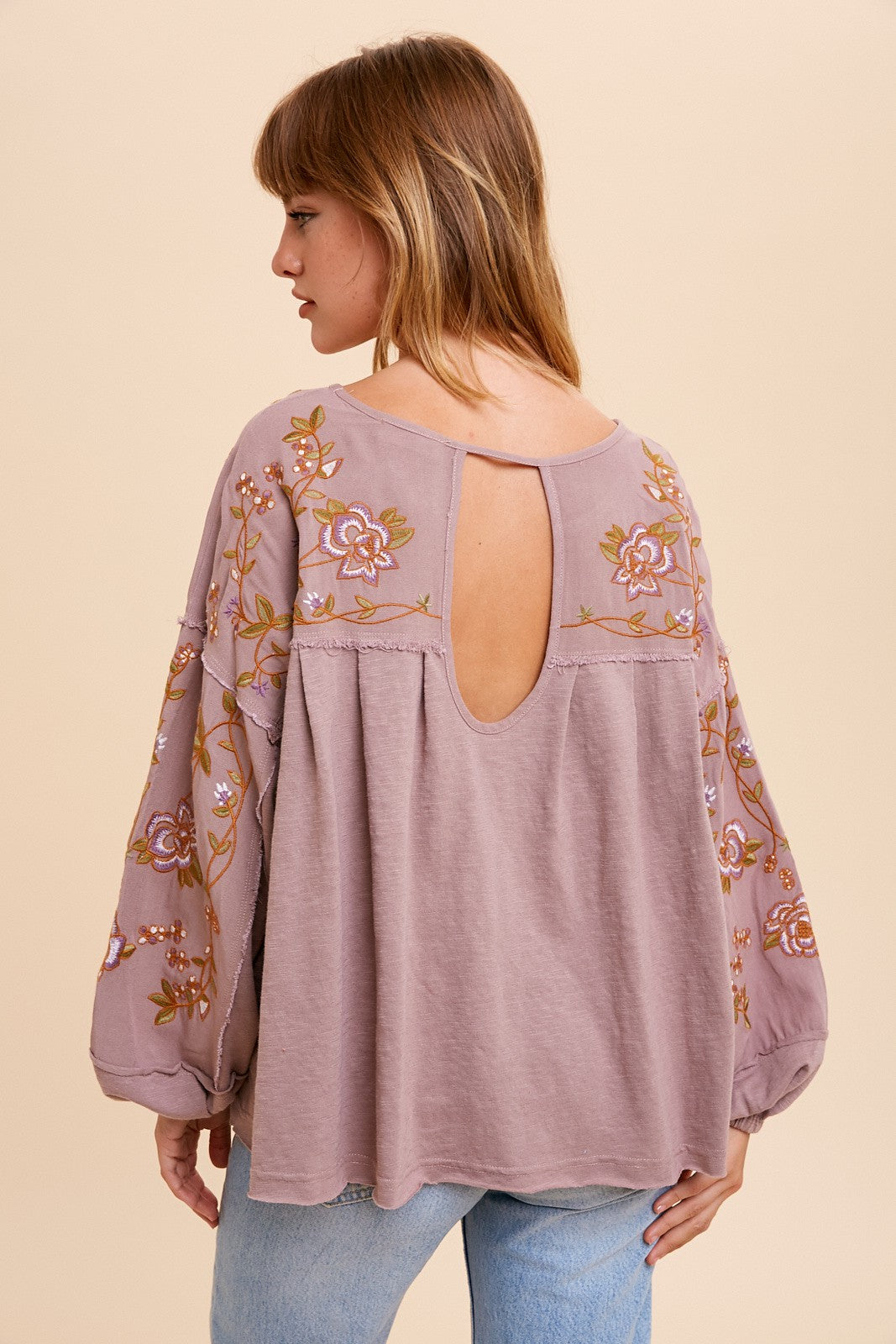 Rose Taupe Embroidered Drop Sleeve Blouse