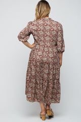 Burgundy Floral Collared Tiered Plus Maternity Maxi Dress