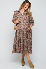 Burgundy Floral Collared Tiered Plus Maternity Maxi Dress