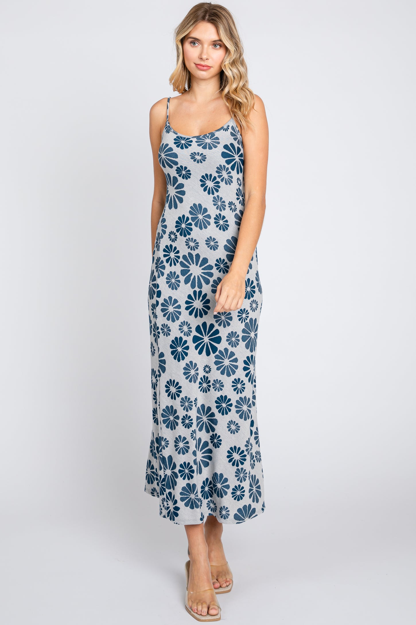 Blue Sleeveless Floral Knit Maternity Maxi Dress PinkBlush