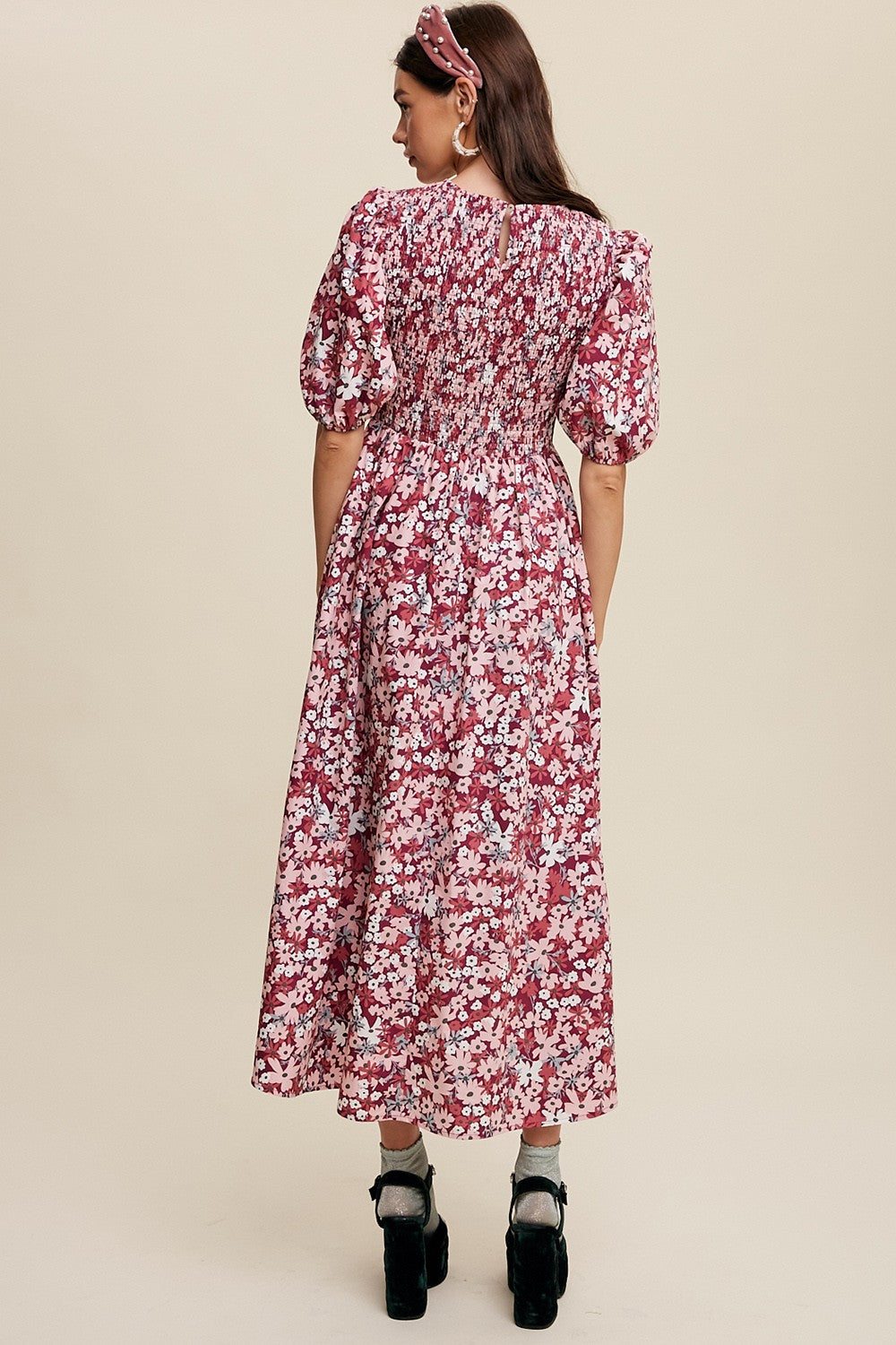 Magenta Flower Print Smocked Poplin Maxi Dress