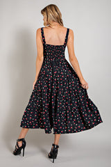Black Cherry Print Sweetheart Neckline Maxi Dress