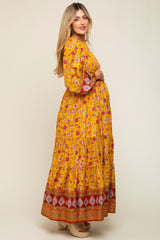 Gold Floral Smocked Tiered Maternity Maxi Dress