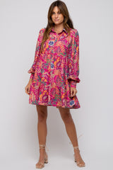 Magenta Floral Paisley Collared Button Front Dress