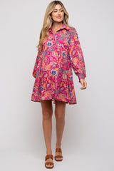 Magenta Floral Paisley Collared Button Front Maternity Dress