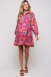 Magenta Floral Paisley Collared Button Front Maternity Dress