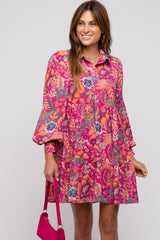 Magenta Floral Paisley Collared Button Front Dress