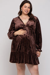 Brown Velvet Long Sleeve Maternity Plus Dress