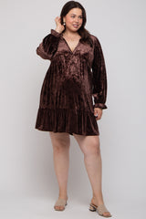 Brown Velvet Long Sleeve Maternity Plus Dress