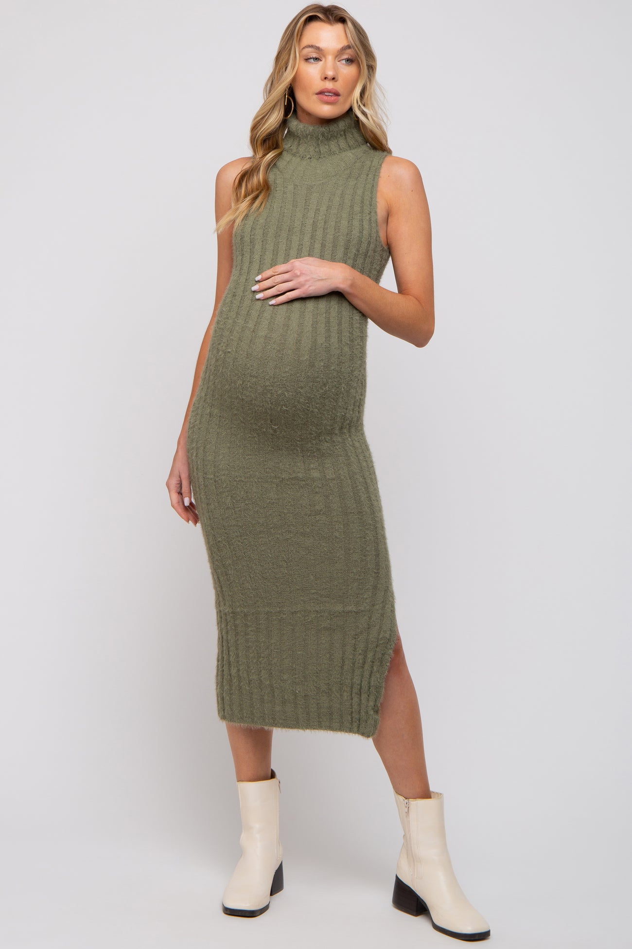 Olive Sleeveless Ribbed Fitted Maternity Midi Dress– PinkBlush
