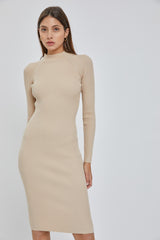 Beige Ribbed Fitted Mock Neck Long Sleeve Maternity Dress