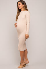 Beige Ribbed Fitted Mock Neck Long Sleeve Maternity Dress