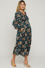 Teal Floral Long Sleeve Maternity Maxi Dress