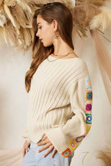 Oat Multi Ribbed Boat-Neck Crochet Long Sleeve Sweater