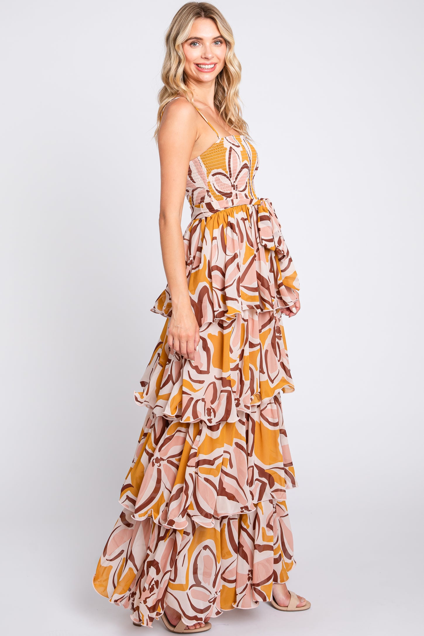 Gold Floral Flounce Tier Maxi Dress PinkBlush Gold Floral Flounce Tier Maxi Dress PinkBlush