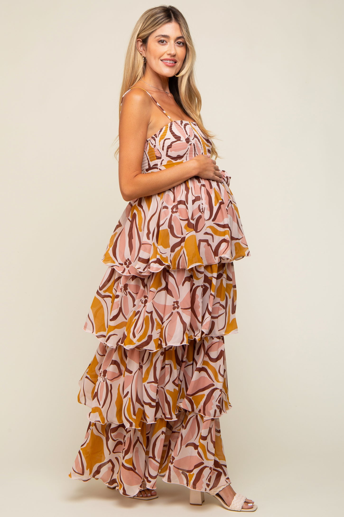 Gold Floral Flounce Tier Maternity Maxi Dress
