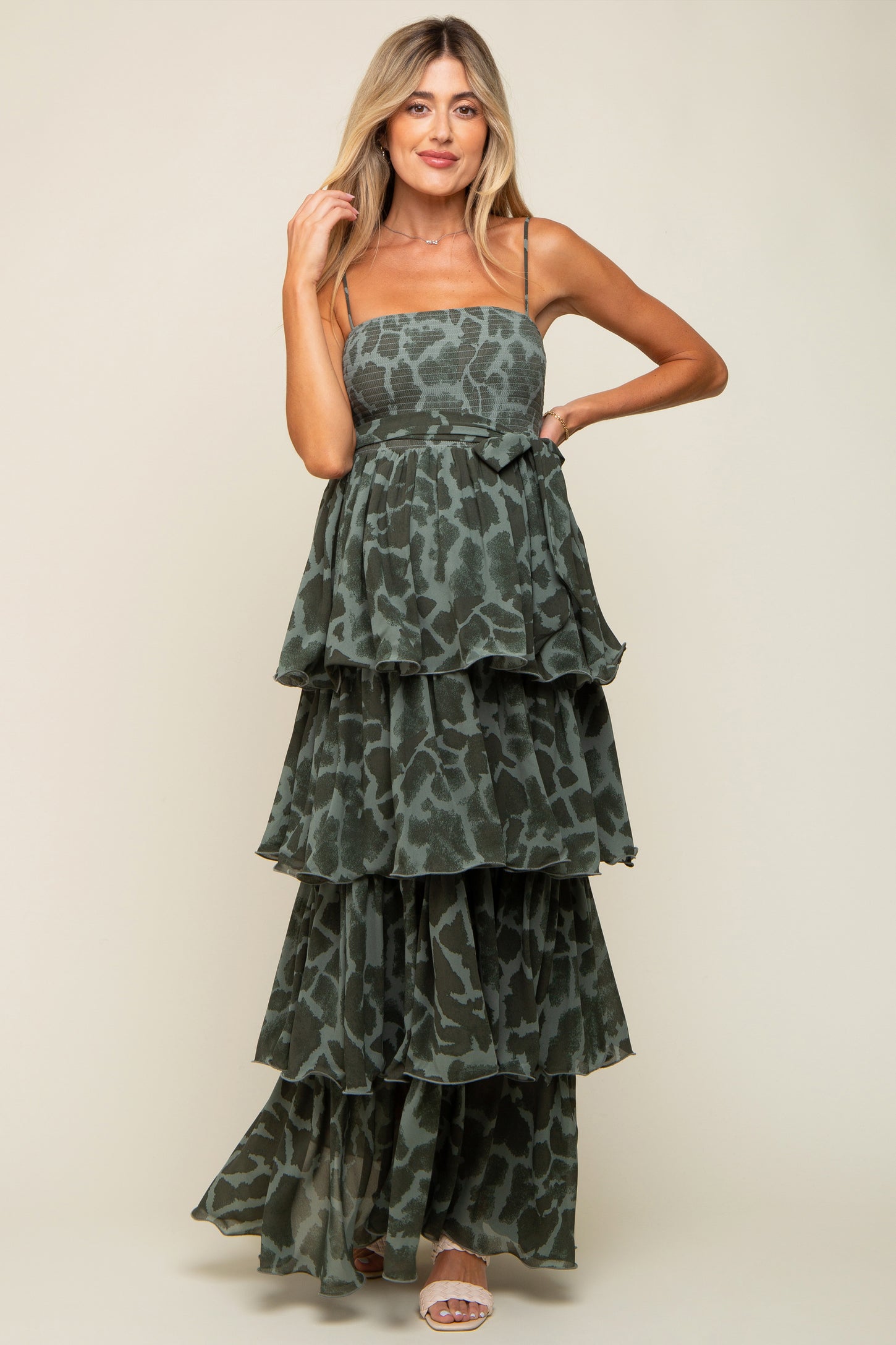 Olive Animal Print Flounce Tier Maternity Maxi Dress