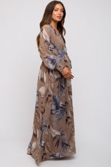Taupe Palm Print Chiffon Wrap Front V-Neck Long Sleeve Maternity Maxi Dress