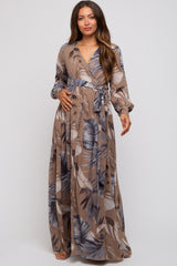 Taupe Palm Print Chiffon Wrap Front V-Neck Long Sleeve Maternity Maxi Dress