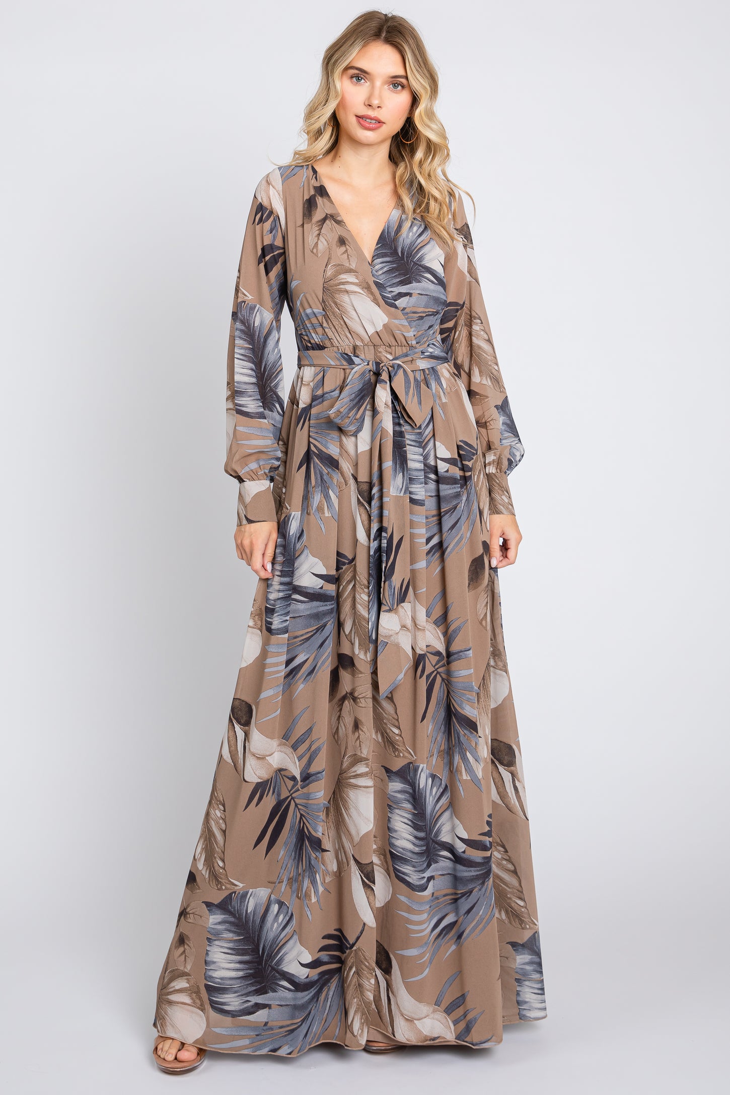 Taupe Palm Print Chiffon Wrap Front V-Neck Long Sleeve Maternity Maxi PinkBlush Taupe Palm Print Chiffon Wrap Front V-Neck Long Sleeve Maternity Maxi PinkBlush