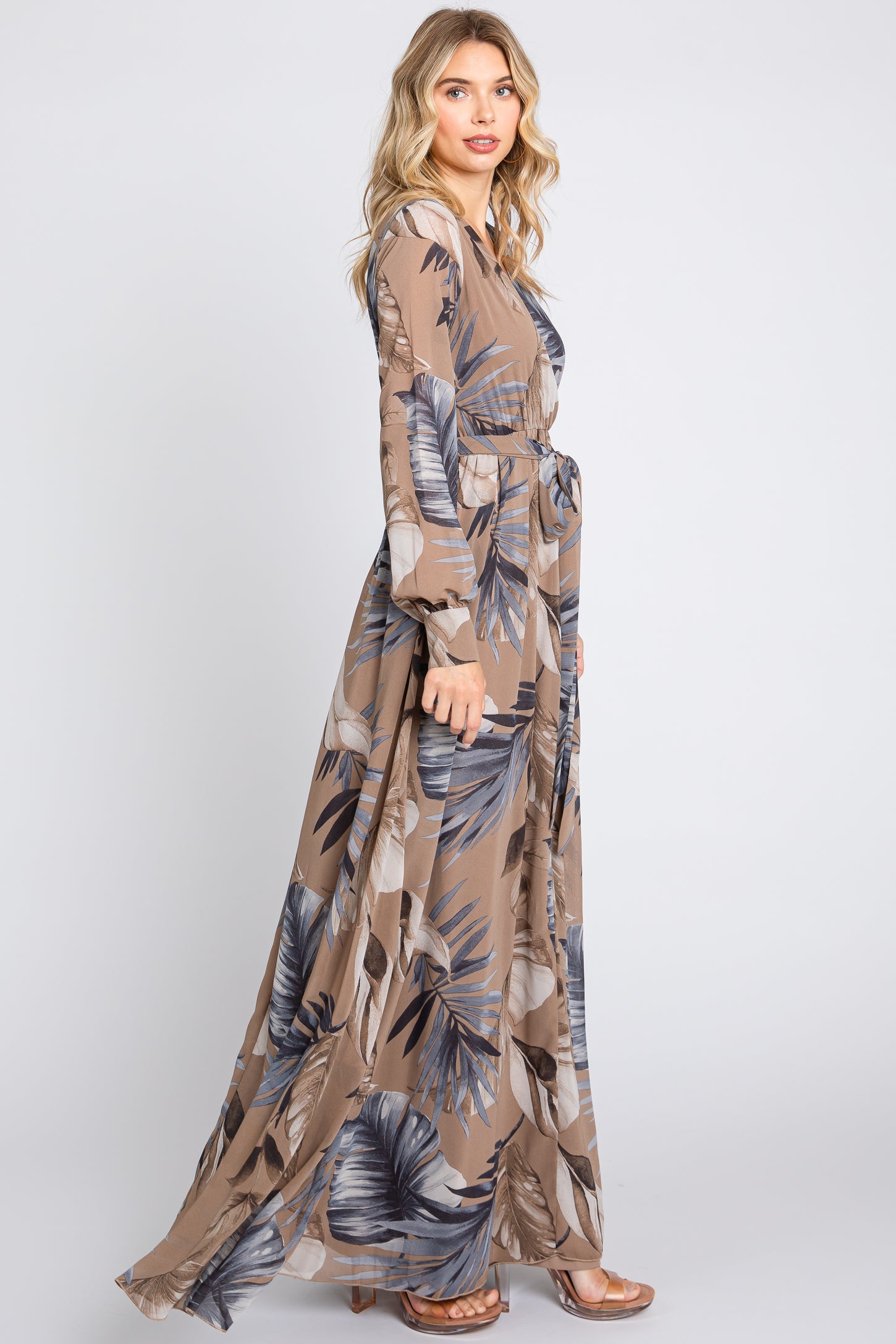 taupe chiffon maxi dress Asymmetrical Sleeveless Chiffon Deep V-Neck, Brielle Maxi Dress in Taupe, Size XS, For Wedding Guest