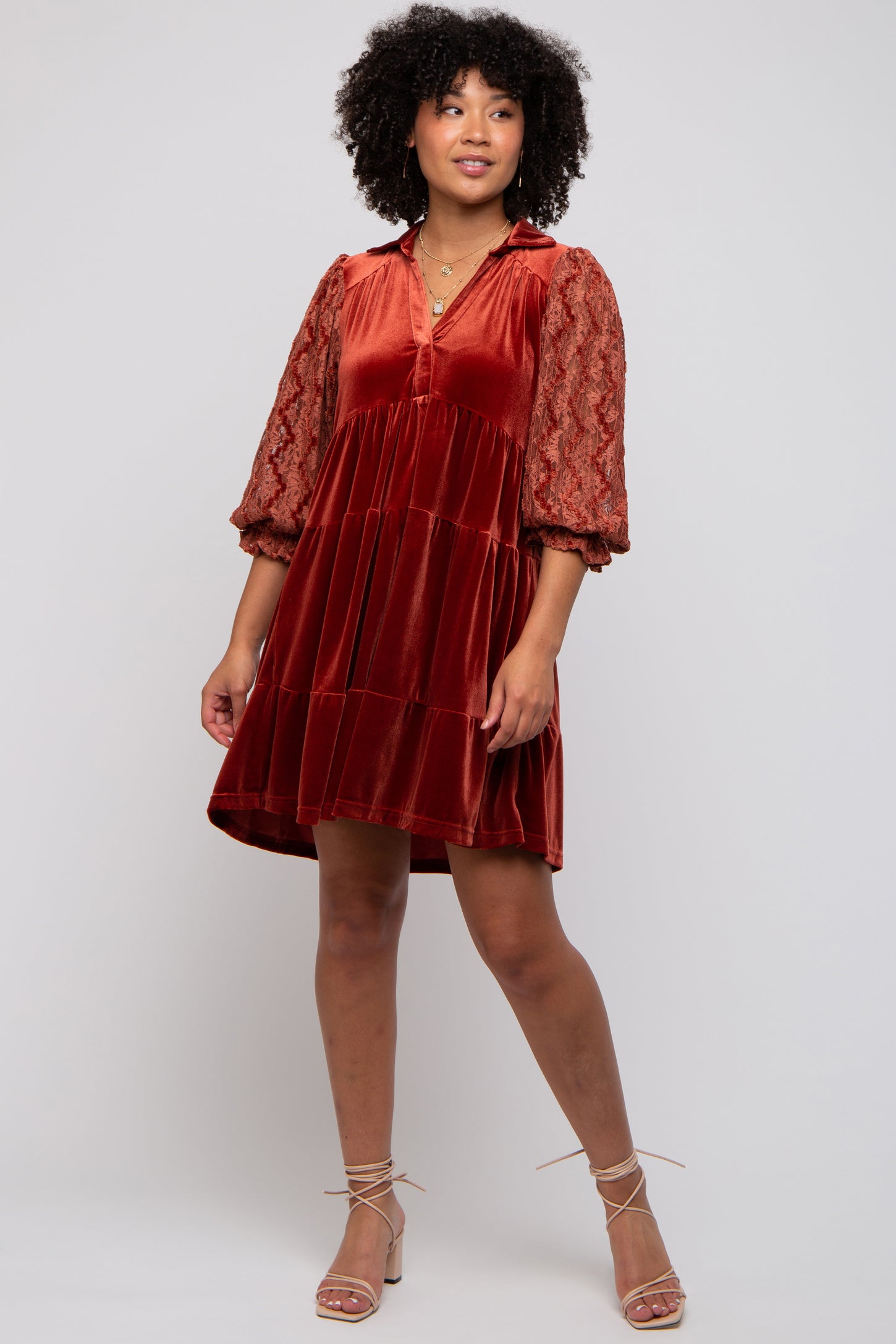 Rust Velvet Lace Sleeve Collared Tiered Dress – PinkBlush