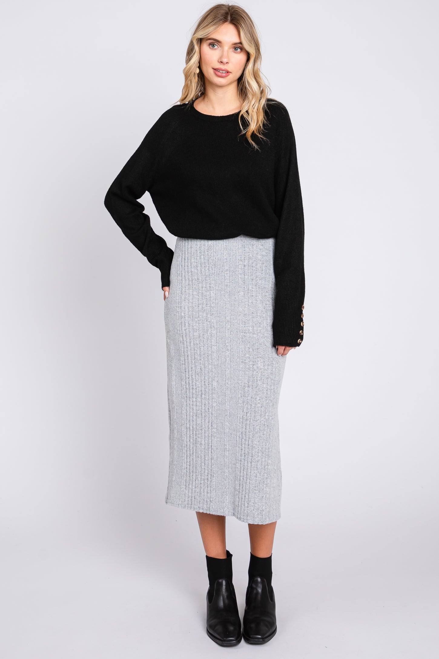Heather Grey Soft Knit Ribbed Side Slit Maternity Midi Skirt– PinkBlush
