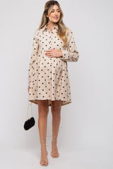 Cream Heart Print Corduroy Maternity Button Up Dress