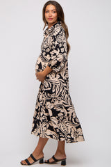 Black Floral Collared Tiered Maternity Midi Dress