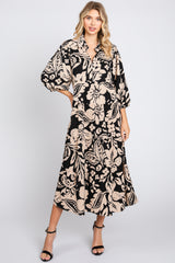 Black Floral Collared Tiered Maternity Midi Dress