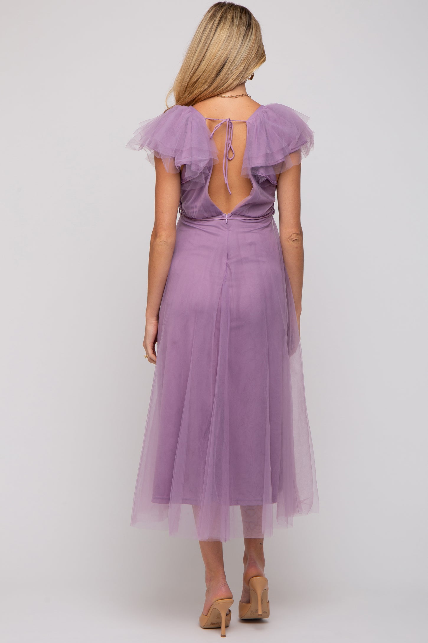 Lavender Deep V-Neck Tulle Flutter Sleeve Maternity Midi Dress PinkBlush Lavender Deep V-Neck Tulle Flutter Sleeve Maternity Midi Dress PinkBlush