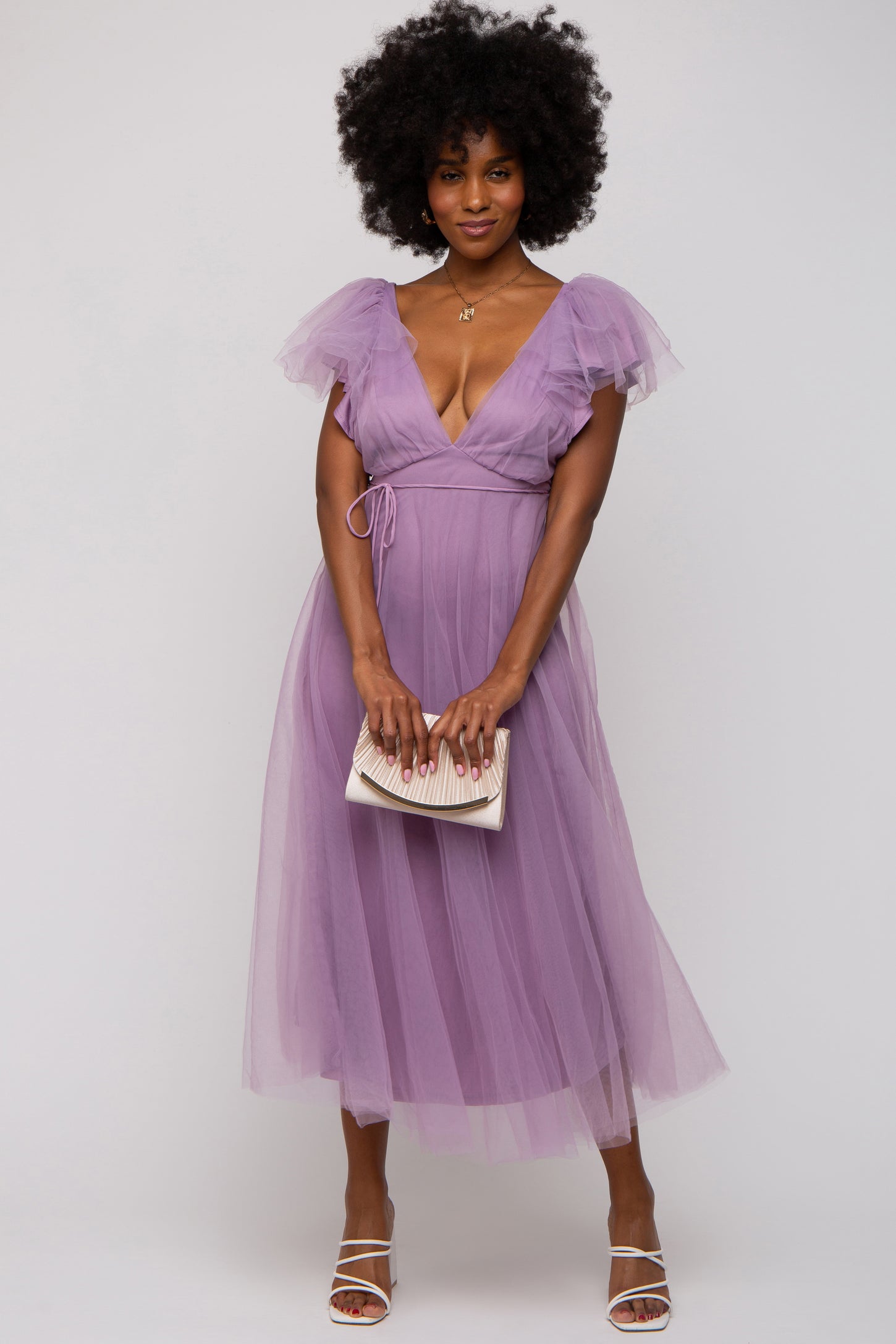 Lavender Deep V-Neck Tulle Flutter Sleeve Maternity Midi Dress PinkBlush Lavender Deep V-Neck Tulle Flutter Sleeve Maternity Midi Dress PinkBlush