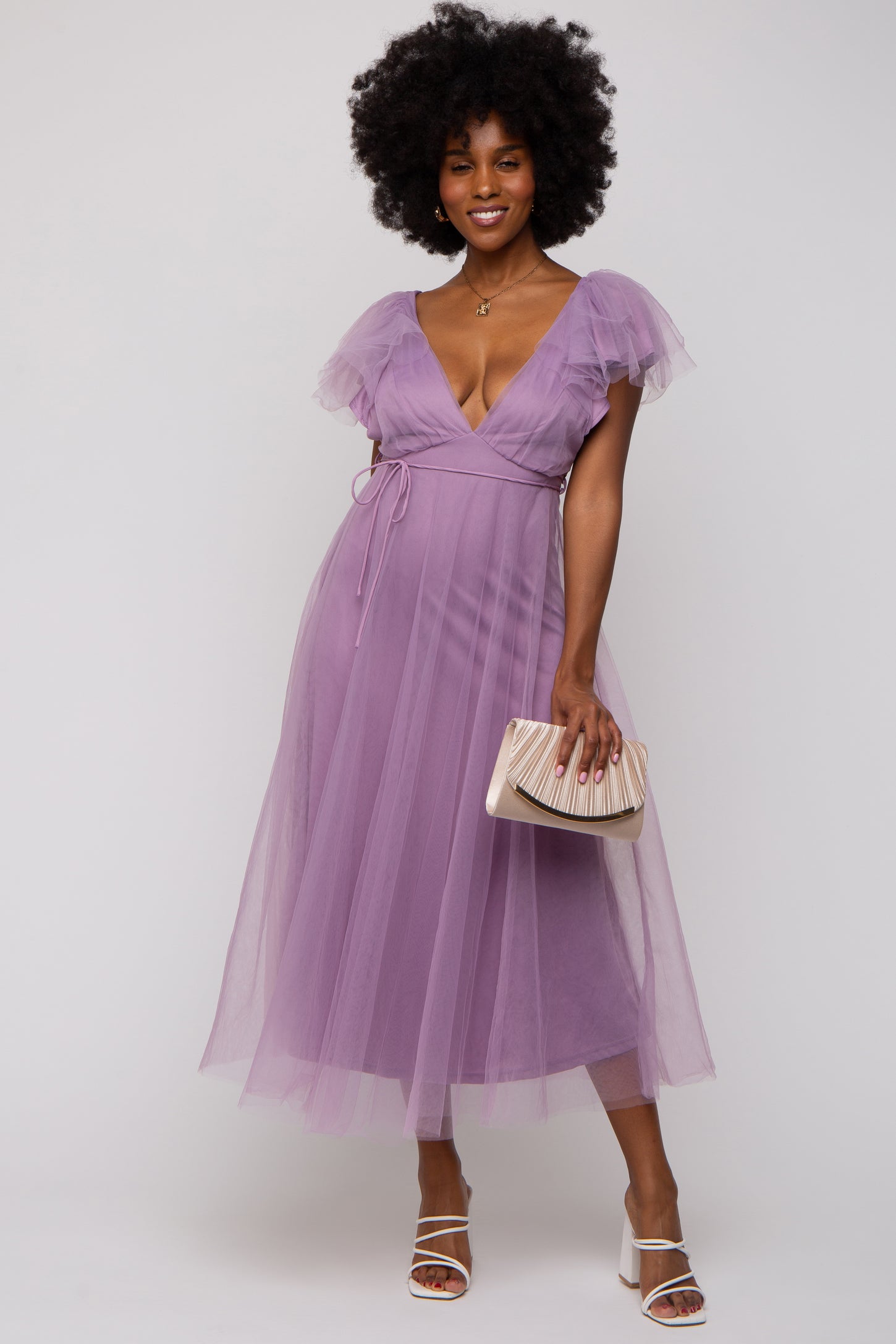 Lavender Deep V-Neck Tulle Flutter Sleeve Midi Dress PinkBlush Lavender Deep V-Neck Tulle Flutter Sleeve Midi Dress PinkBlush