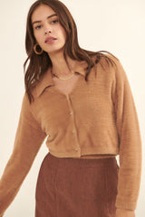 Mocha Fuzzy Textured Cropped Collared Cardigan