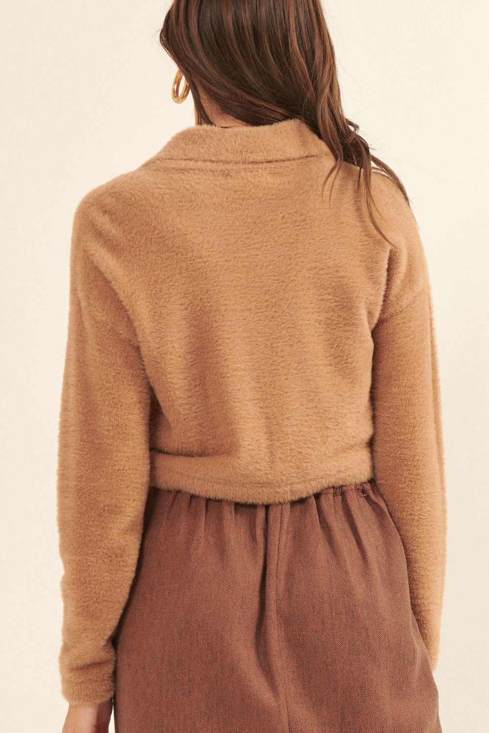 Mocha Fuzzy Textured Cropped Collared Cardigan