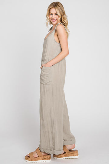 Pale Olive Wide Leg Roll-Up Jumpsuit