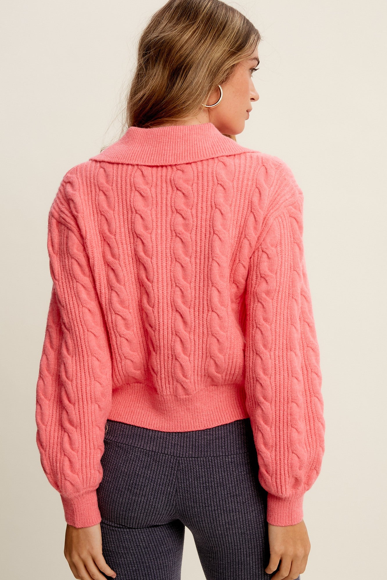 Bright Pink Cable Knit Polo Style Pullover Knit Sweater
