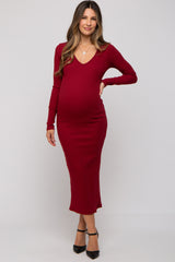 Burgundy Ribbed Long Sleeve Maternity Maxi Dress