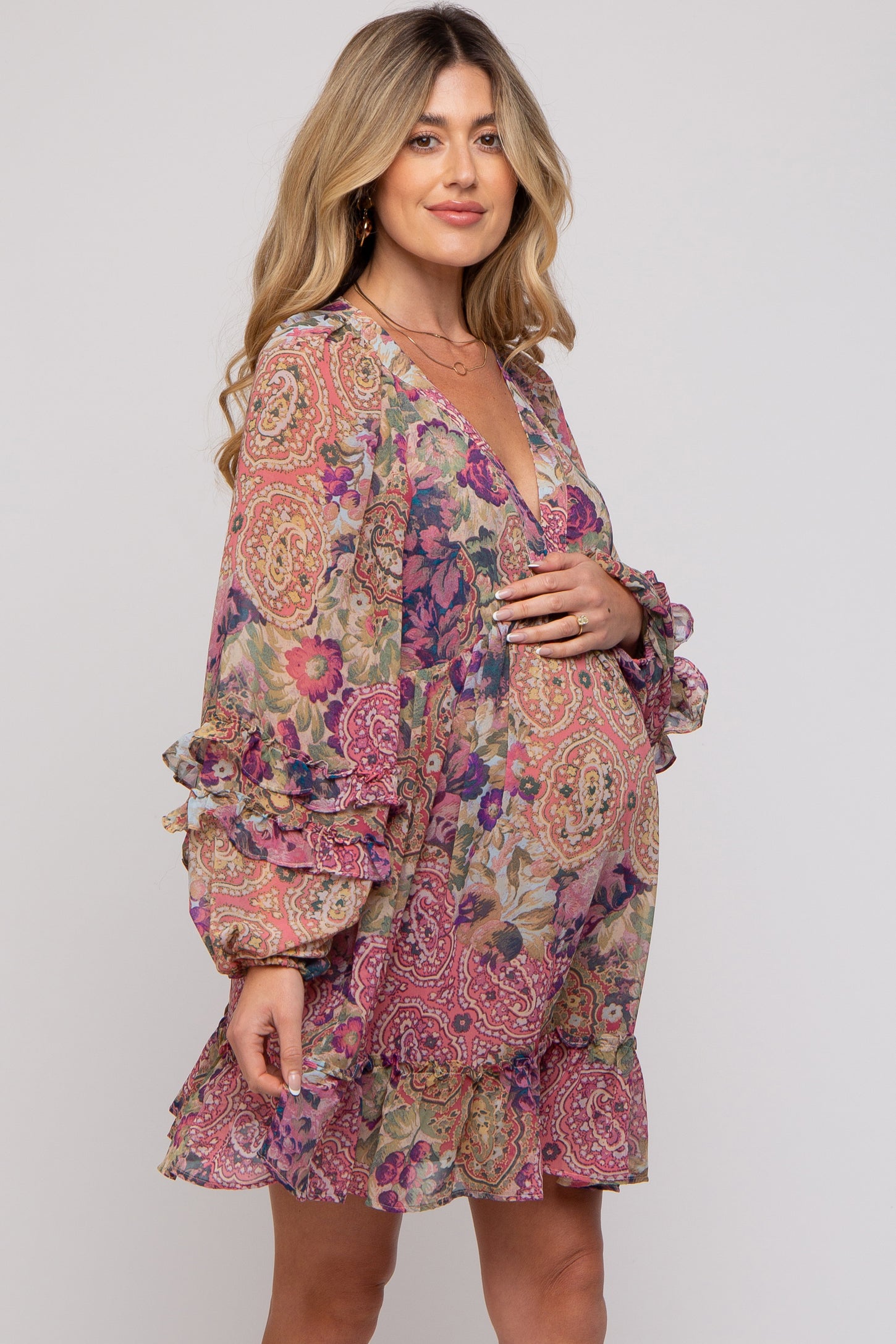 Pink Multicolor Floral Ruffle Balloon Sleeve Maternity Dress